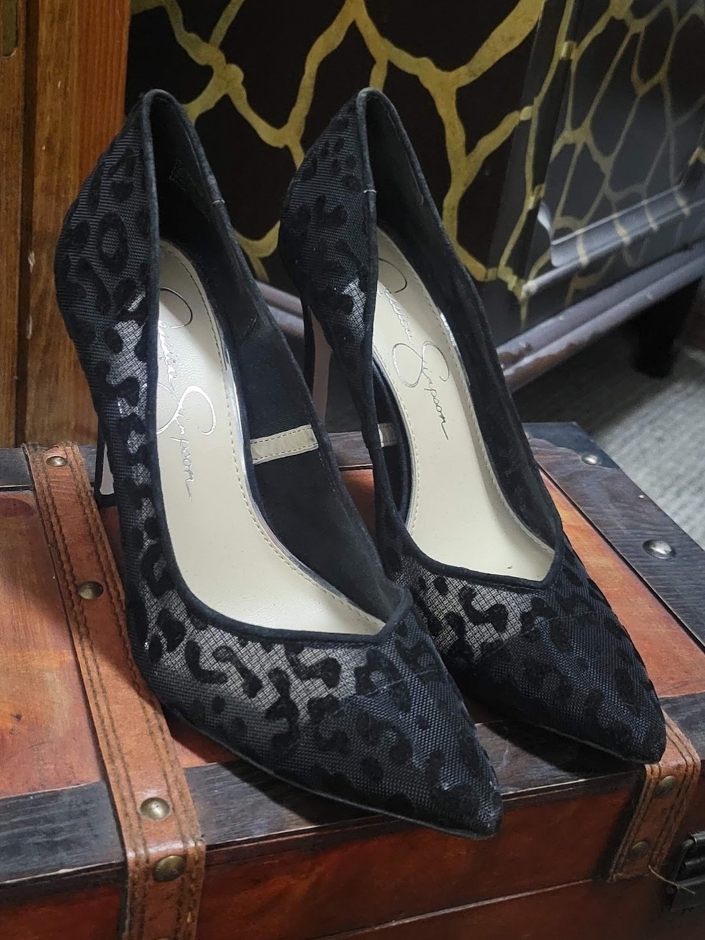 Jessica Simpson Black Leopard Mesh Pointed-Toe Pumps
